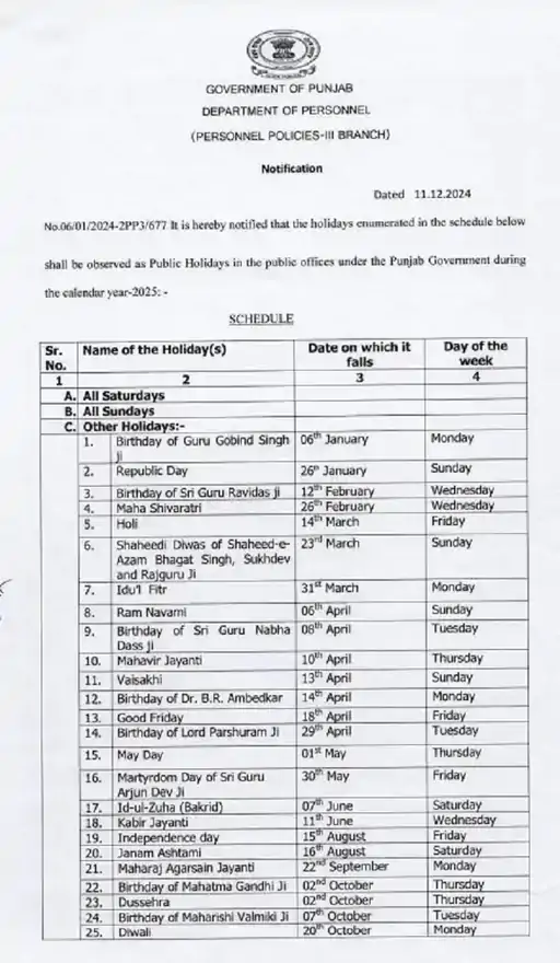 Punjab Govt Holiday Calender 