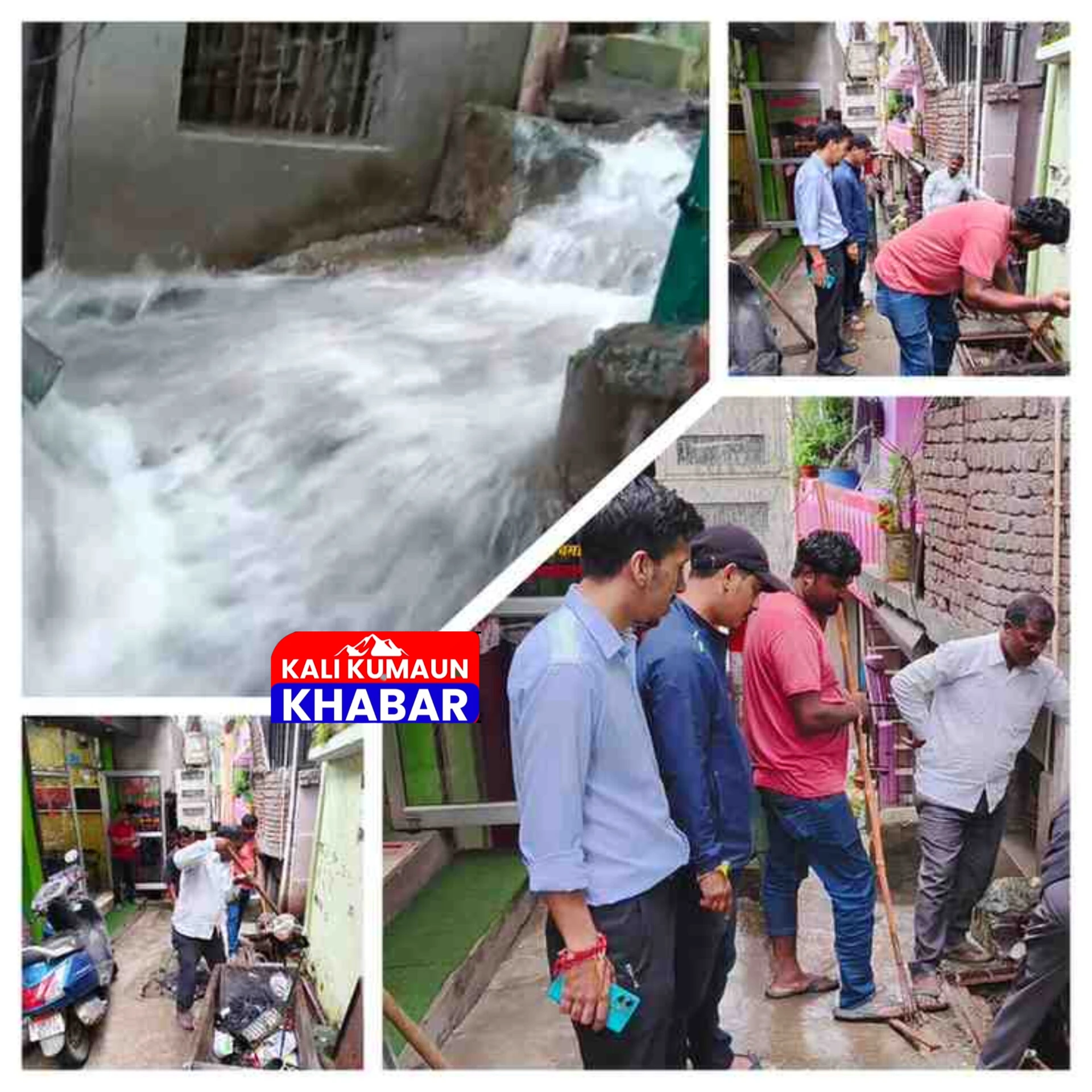 लोहाघाट :पालिका की नालियां बंद होने से नदी में तब्दील हुई सड़क व्यापारियों की दुकानों में घुसा पानी।